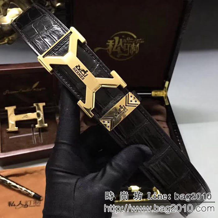 愛馬仕HERMES 純手工美洲鱷魚無拼接肚皮 高端男士皮帶 HHG1209